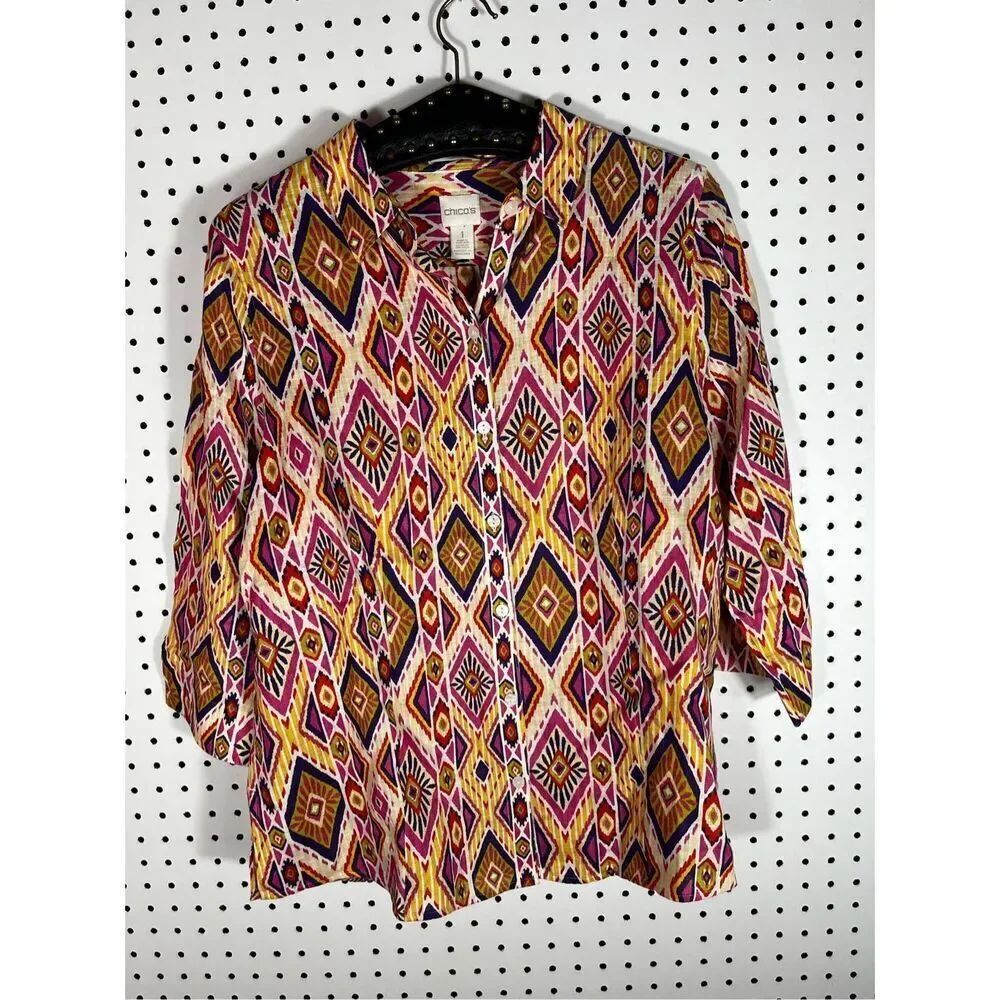 Chicos Ikat southwest button down linen shirt size 1 (plus)